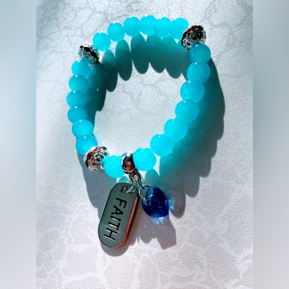 Blue Beaded Bracelet with Faith Charm